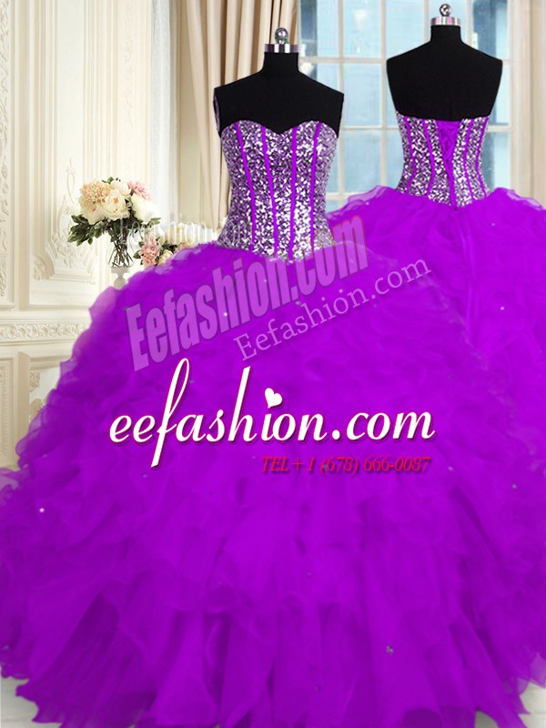 Cute Purple Ball Gowns Sweetheart Sleeveless Organza Floor Length Lace Up Beading and Ruffles Sweet 16 Dress