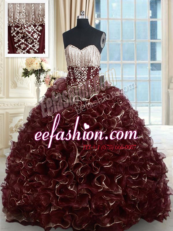  Brown Lace Up Quinceanera Gowns Beading and Ruffles Sleeveless With Brush Train