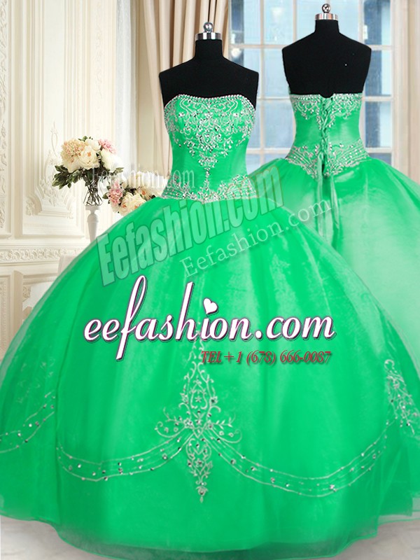  Green Lace Up Sweet 16 Quinceanera Dress Beading and Embroidery Sleeveless Floor Length
