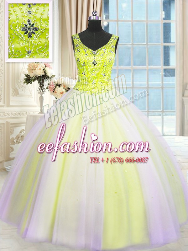  Sequins Ball Gowns Sweet 16 Dresses Multi-color V-neck Tulle Sleeveless Floor Length Lace Up
