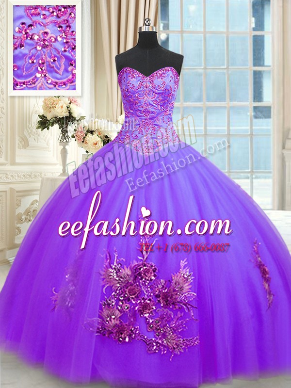 Modern Purple Ball Gowns Sweetheart Sleeveless Tulle Floor Length Lace Up Beading and Appliques and Embroidery 15 Quinceanera Dress