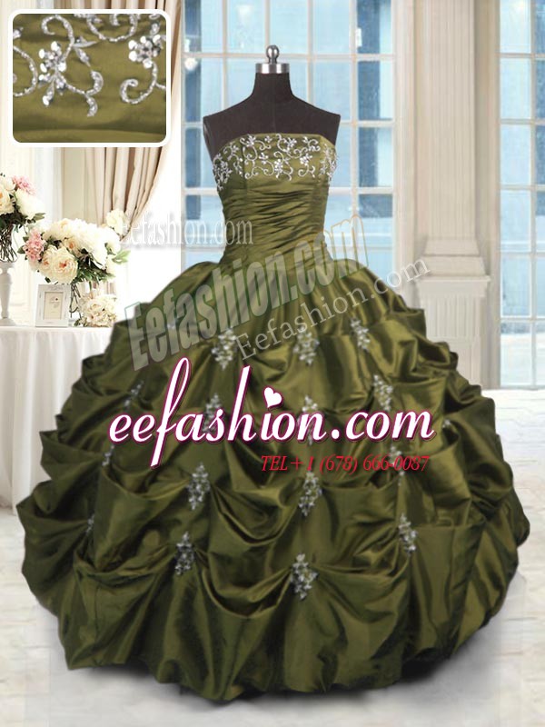 Sumptuous Olive Green Ball Gowns Beading and Appliques and Embroidery and Pick Ups Quince Ball Gowns Lace Up Taffeta Sleeveless Floor Length