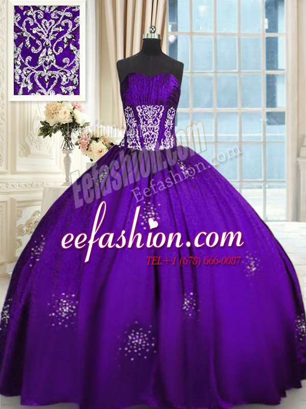  Purple Sleeveless Floor Length Beading and Appliques and Ruching Lace Up Sweet 16 Dresses