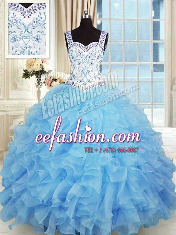 Fantastic Sleeveless Organza Floor Length Lace Up Sweet 16 Quinceanera Dress in Baby Blue with Beading and Appliques and Ruffles