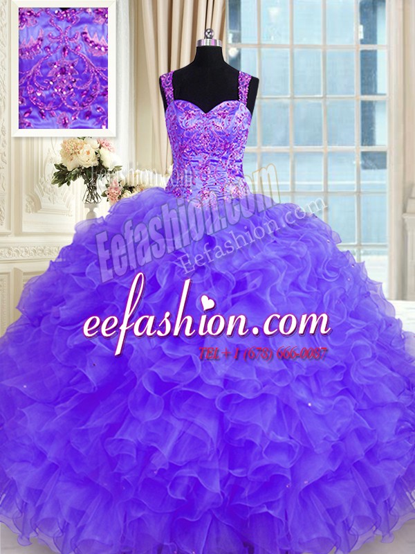 Fashion Purple Long Sleeves Beading and Embroidery and Ruffles Floor Length Sweet 16 Dress
