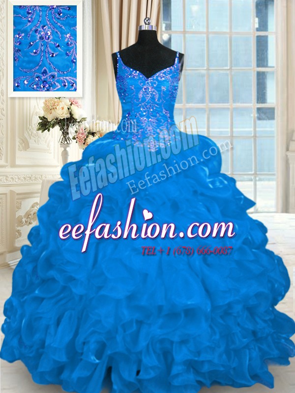 Shining Organza Spaghetti Straps Sleeveless Brush Train Lace Up Beading and Embroidery and Ruffles and Pick Ups Sweet 16 Quinceanera Dress in Blue