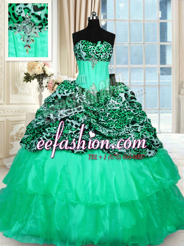 Free and Easy Printed Sleeveless Sweep Train Lace Up Beading and Ruffled Layers Sweet 16 Quinceanera Dress