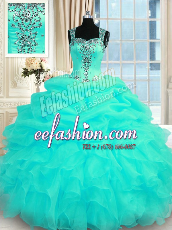 Graceful Floor Length Zipper Sweet 16 Dress Turquoise for Military Ball and Sweet 16 and Quinceanera with Beading and Ruffles