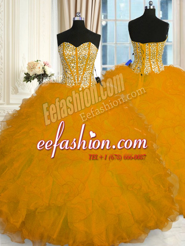 Ideal Gold Vestidos de Quinceanera Military Ball and Sweet 16 and Quinceanera and For with Beading and Ruffles Sweetheart Sleeveless Lace Up