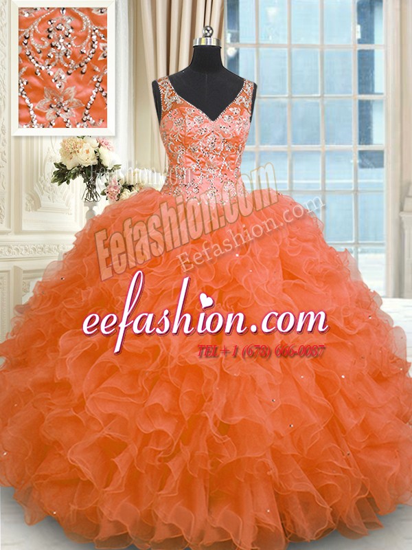 Extravagant Orange Red Sleeveless Floor Length Beading and Ruffles Zipper Sweet 16 Dresses