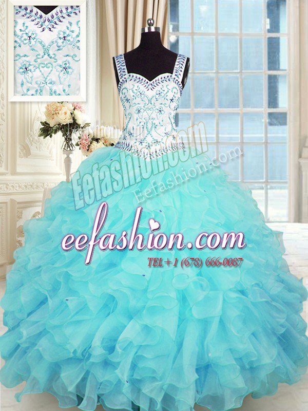 Dramatic Sleeveless Floor Length Beading and Appliques and Ruffles Lace Up Vestidos de Quinceanera with Aqua Blue