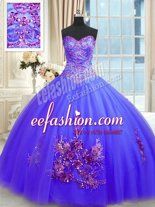  Embroidery Quinceanera Dress Blue Lace Up Sleeveless Floor Length