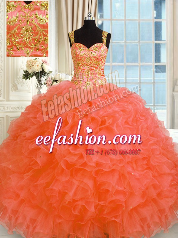  Orange Red Lace Up Straps Embroidery and Ruffles Sweet 16 Dress Organza Sleeveless