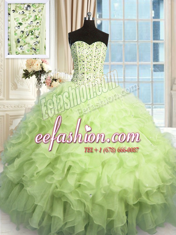  Floor Length Lace Up Quinceanera Dresses Yellow Green for Military Ball and Sweet 16 and Quinceanera with Beading and Ruffles and Sequins