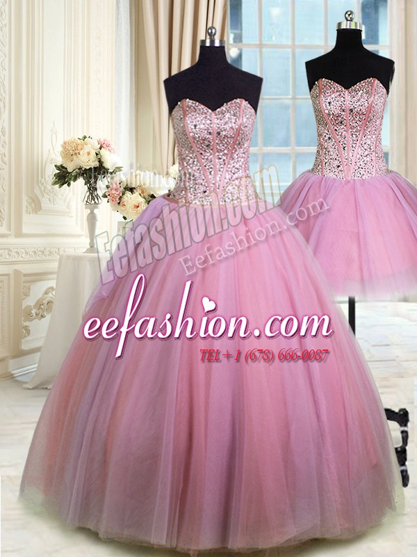 Sophisticated Three Piece Lavender Ball Gowns Sweetheart Sleeveless Tulle Floor Length Lace Up Beading Quinceanera Dresses