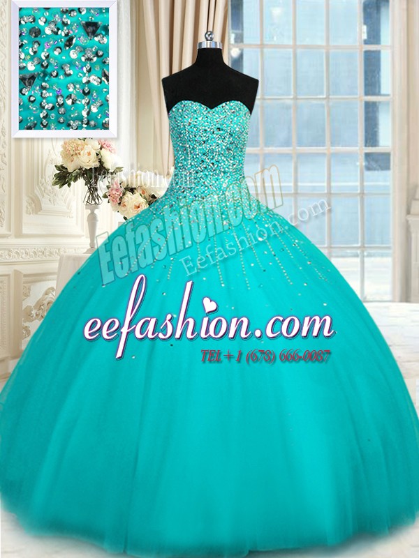  Aqua Blue Organza Lace Up Sweetheart Sleeveless Floor Length Quinceanera Gowns Beading