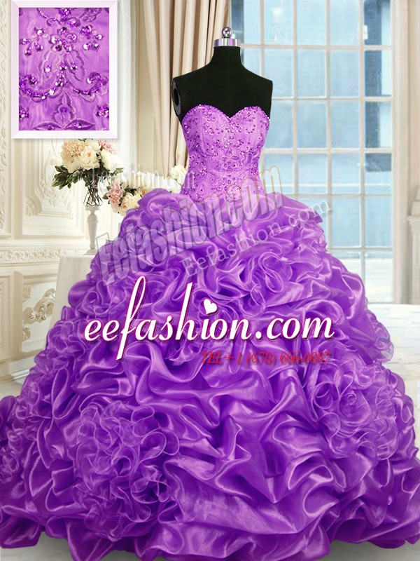 Exceptional Lace Up 15th Birthday Dress Fuchsia for Military Ball and Sweet 16 and Quinceanera with Beading and Pick Ups Sweep Train