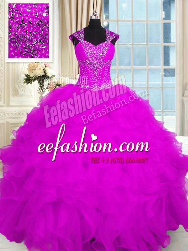 Inexpensive Fuchsia Lace Up Straps Beading and Ruffles Sweet 16 Dresses Organza Cap Sleeves