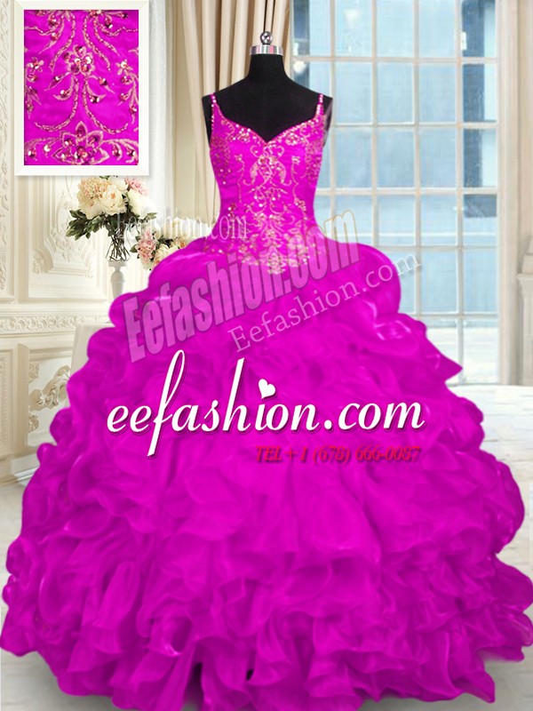 Perfect Fuchsia Ball Gowns Beading and Embroidery and Ruffles Sweet 16 Dresses Lace Up Organza Sleeveless