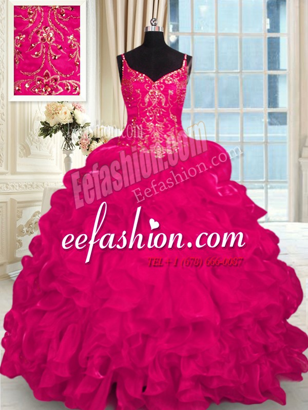 Clearance Hot Pink Lace Up Spaghetti Straps Beading and Embroidery and Ruffles Quinceanera Dress Organza Sleeveless Brush Train
