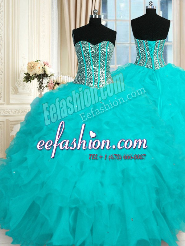  Baby Blue Sleeveless Beading and Ruffles Floor Length Ball Gown Prom Dress