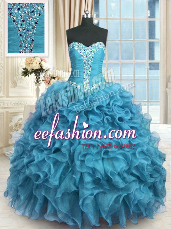 Custom Made Floor Length Lace Up 15 Quinceanera Dress Baby Blue for Military Ball and Sweet 16 and Quinceanera with Beading and Ruffles