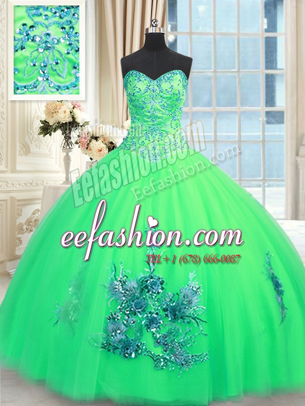 Customized Turquoise Tulle Lace Up 15 Quinceanera Dress Sleeveless Floor Length Beading and Appliques and Embroidery