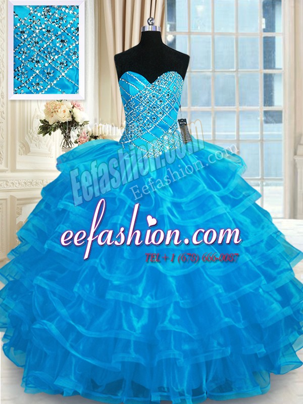 Simple Floor Length Blue 15th Birthday Dress Organza Sleeveless Beading and Ruffled Layers