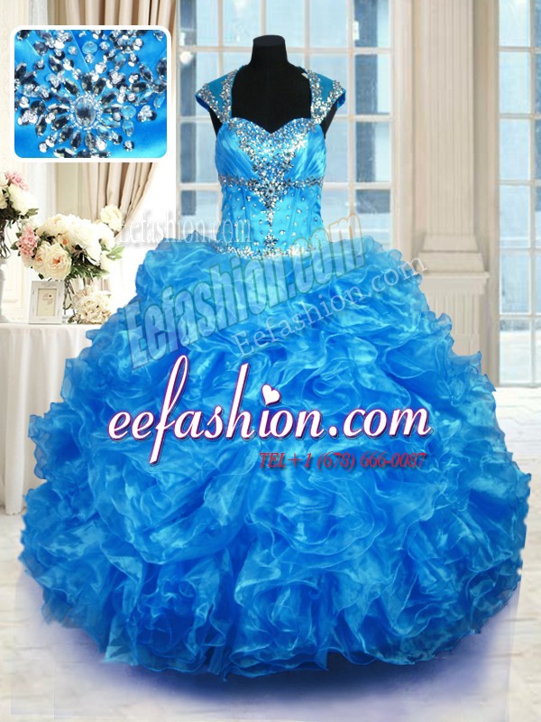 Straps Cap Sleeves Organza Quinceanera Dress Beading and Ruffles Lace Up