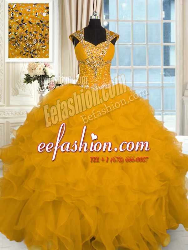  Cap Sleeves Organza Floor Length Lace Up Quinceanera Gown in Gold with Beading and Ruffles
