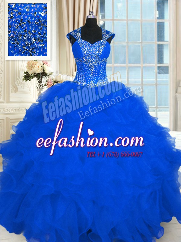 Simple Cap Sleeves Floor Length Beading and Ruffles Lace Up Ball Gown Prom Dress with Royal Blue
