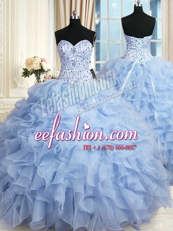 Glorious Light Blue Sweet 16 Dresses Military Ball and Sweet 16 and Quinceanera and For with Beading and Ruffles Sweetheart Sleeveless Lace Up