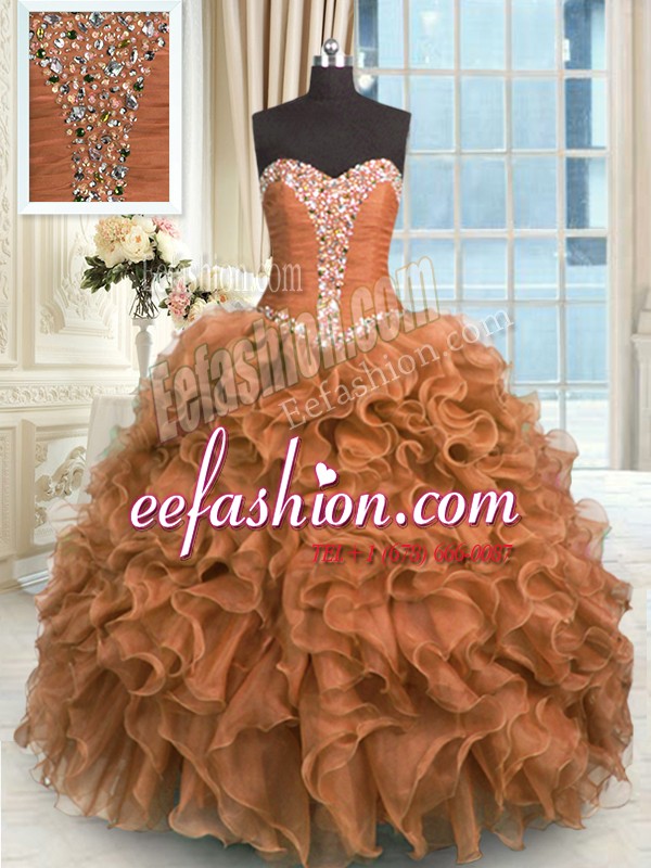 Cute Brown Sleeveless Beading and Ruffles Floor Length Quinceanera Gowns