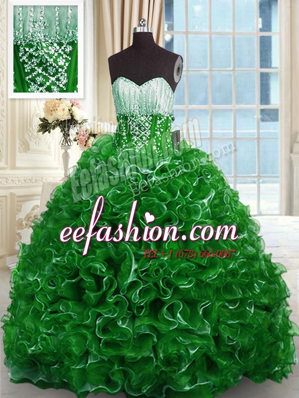 Luxurious Sweetheart Sleeveless Brush Train Lace Up Quinceanera Dress Green Organza