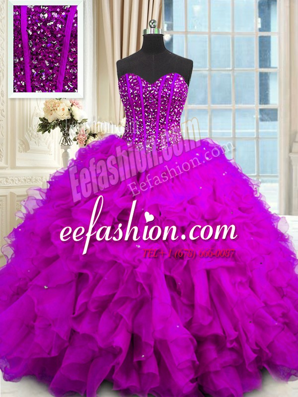  Purple Lace Up Sweetheart Beading and Ruffles and Sequins Quinceanera Gowns Organza Sleeveless
