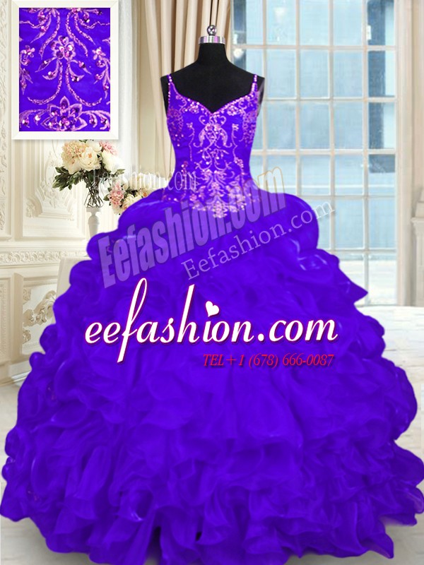 Attractive Organza Spaghetti Straps Sleeveless Brush Train Lace Up Beading and Embroidery and Ruffles and Pick Ups Quinceanera Dresses in Purple