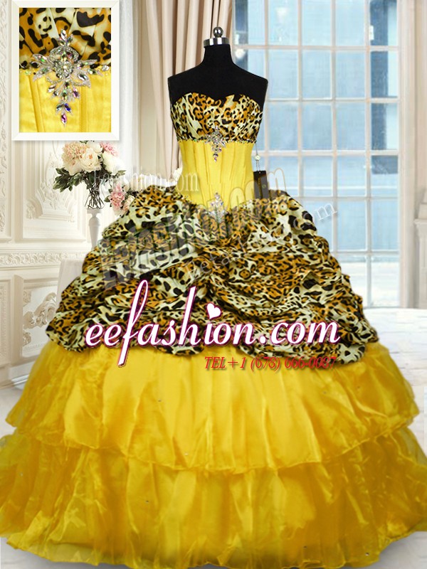 Most Popular Gold Ball Gowns Beading and Ruffled Layers Quinceanera Dresses Lace Up Organza and Printed Sleeveless