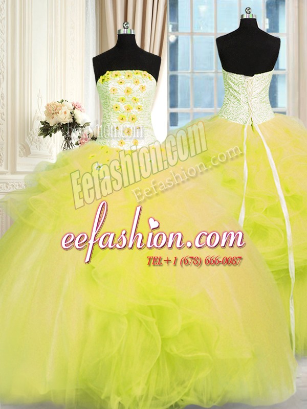  Yellow Green Sleeveless Floor Length Beading and Ruffles Lace Up Sweet 16 Dresses