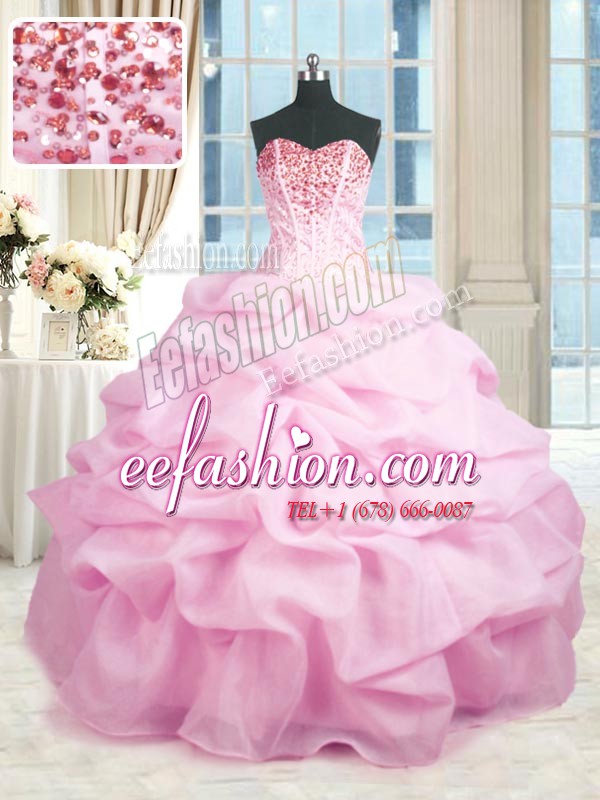  Pink Lace Up Sweetheart Beading and Ruffles Quinceanera Gowns Organza Sleeveless