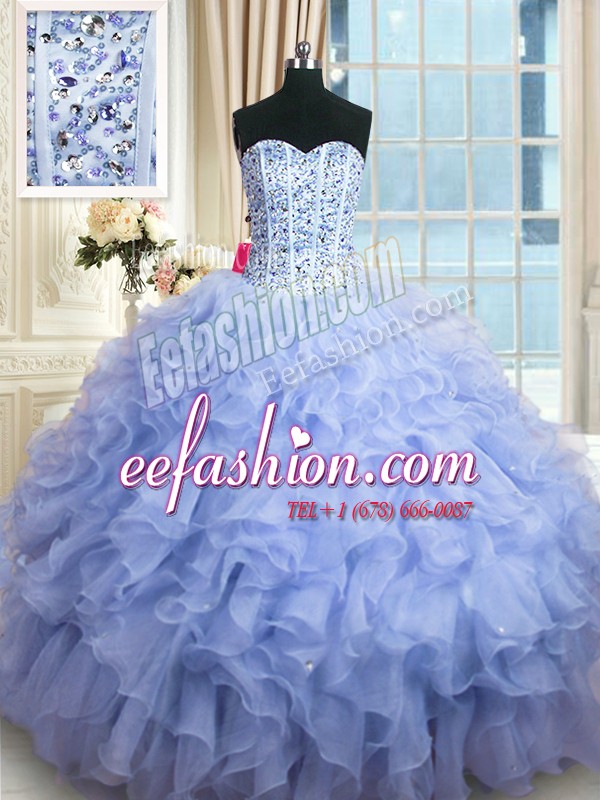  Lavender Ball Gowns Organza Sweetheart Sleeveless Beading and Ruffles Floor Length Lace Up Quinceanera Dress
