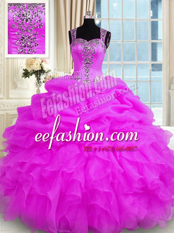 High Quality Fuchsia Sleeveless Beading and Ruffles Floor Length Ball Gown Prom Dress