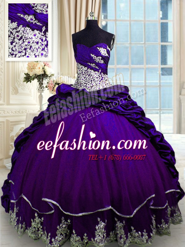  Pick Ups Brush Train Ball Gowns Sweet 16 Dresses Purple Sweetheart Taffeta Sleeveless Lace Up