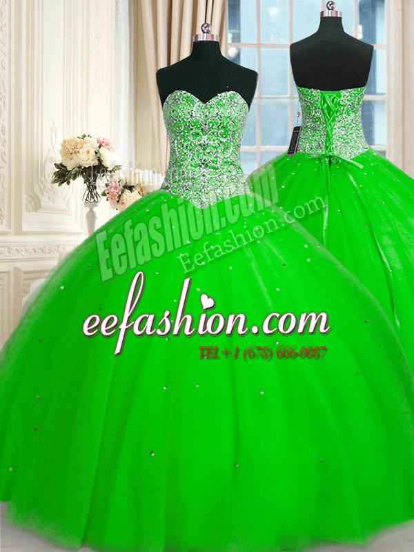 Glorious Floor Length Lace Up 15th Birthday Dress for Military Ball and Sweet 16 and Quinceanera with Beading and Sequins