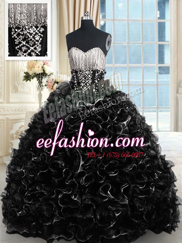 Black Organza Lace Up Sweetheart Sleeveless With Train Quinceanera Dresses Brush Train Beading and Ruffles