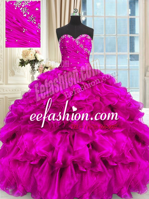 Enchanting Ball Gowns 15th Birthday Dress Fuchsia Sweetheart Organza Sleeveless High Low Lace Up