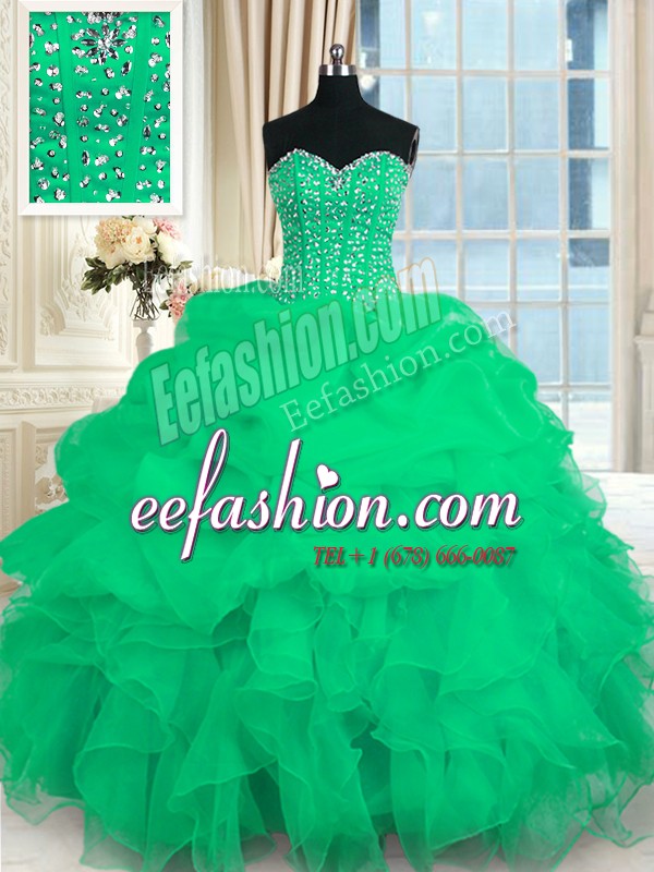 Classical Sweetheart Sleeveless Quinceanera Dress Floor Length Beading and Ruffles Turquoise Organza