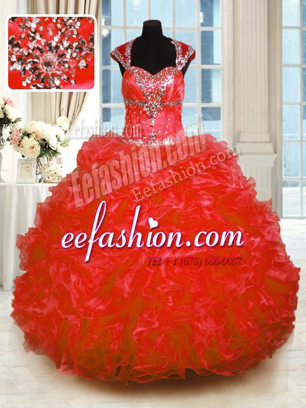  Red Lace Up Straps Beading and Ruffles Sweet 16 Dress Organza Cap Sleeves