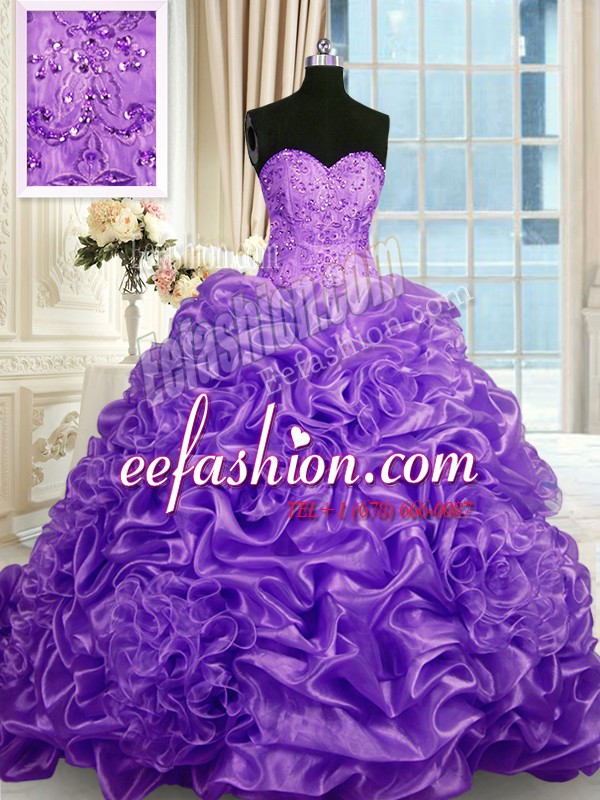 Dazzling Sleeveless Organza With Train Sweep Train Lace Up Sweet 16 Dress in Lavender with Beading and Pick Ups