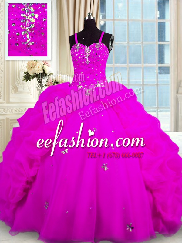 Sweet Floor Length Lace Up Sweet 16 Quinceanera Dress Fuchsia for Military Ball and Sweet 16 and Quinceanera with Beading and Pick Ups