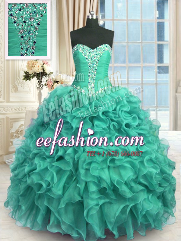 Latest Turquoise Sleeveless Floor Length Beading and Ruffles Lace Up 15th Birthday Dress